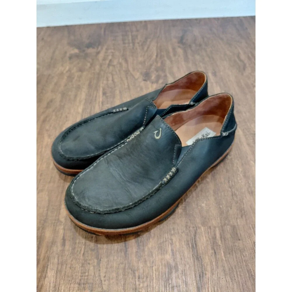 OluKai Moloa Black Leather Casual Slip On Loafers Size 10